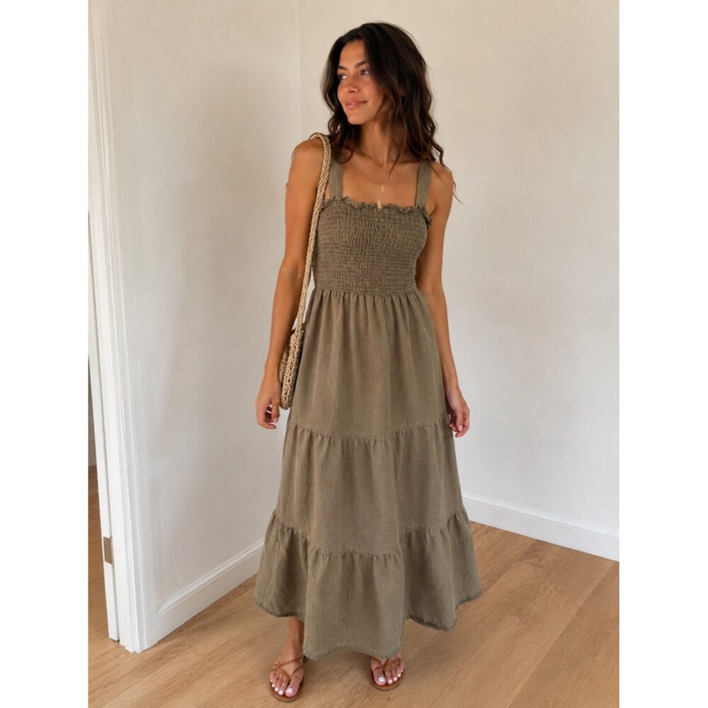 Vetta Capsule Smocked Midi Dress Taupe Adjustable Strap Linen/Tencil -  XS- S